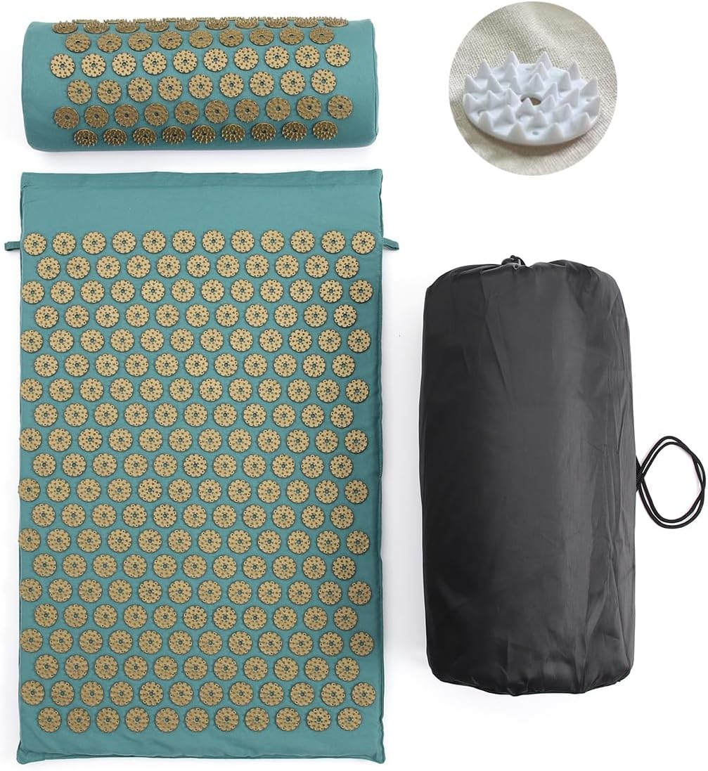 Acupressure Mat and Pillow Set for Back/Neck Pain Relief and Muscle Relaxation (Green/Gold)