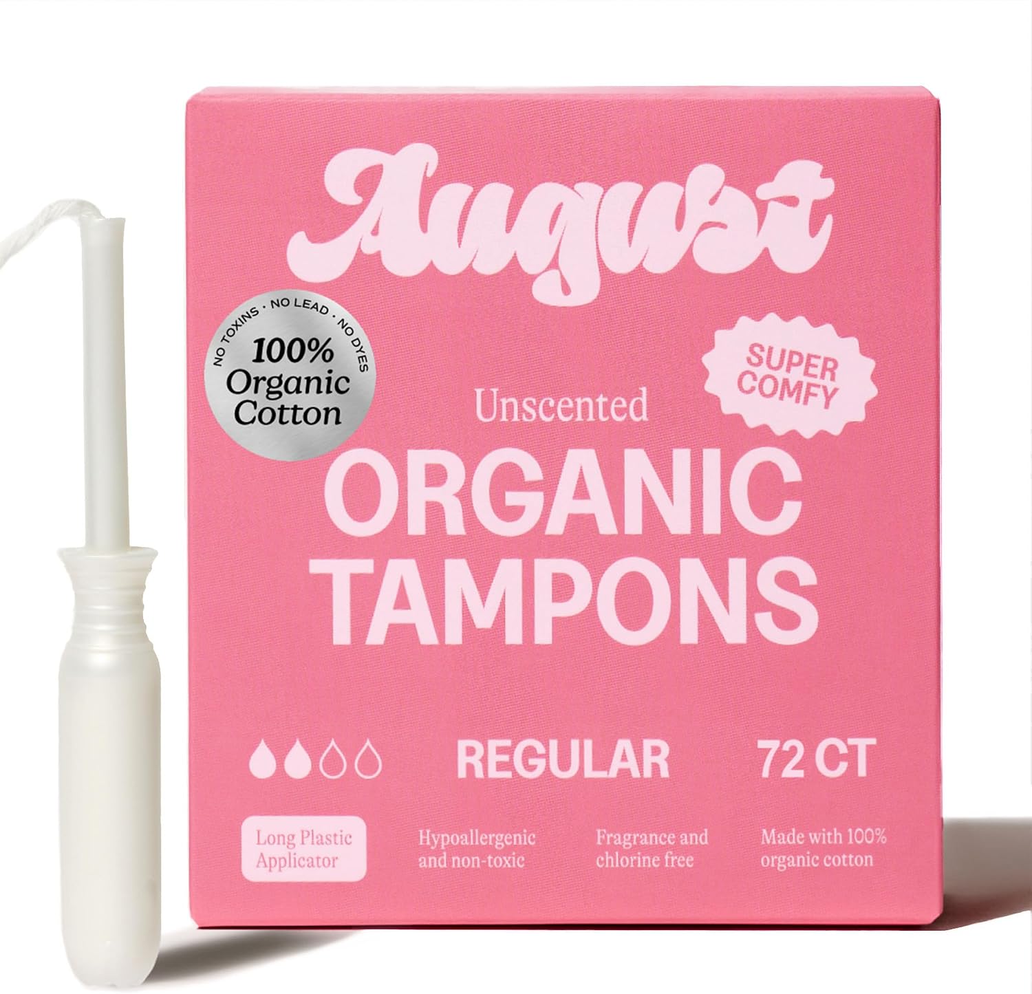 August Organic Tampons, 72-Pack Regular Non-Toxic Tampons for Women | 100% organic cotton tampons with comfortable easy-glide long applicators. Fragrance free, hypoallergenic tampons for women.