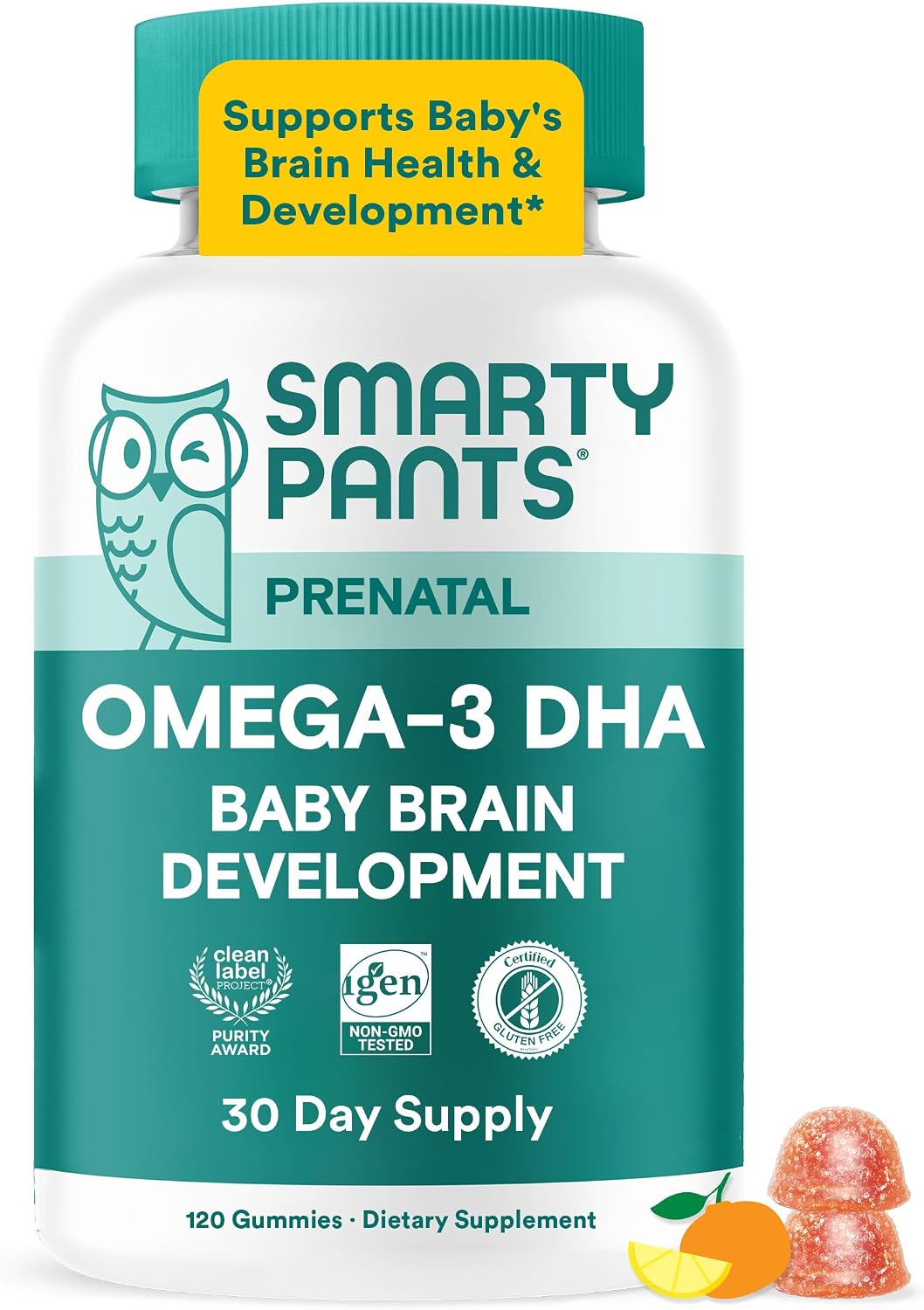 SmartyPants Prenatal Omega 3 DHA Gummies, Prenatal Vitamins for Women to Support Baby Brain Development with Algal Oil, Gluten Free, Clean Label, Orange Lemon Flavor, 120 Gummies (30 Day Supply)