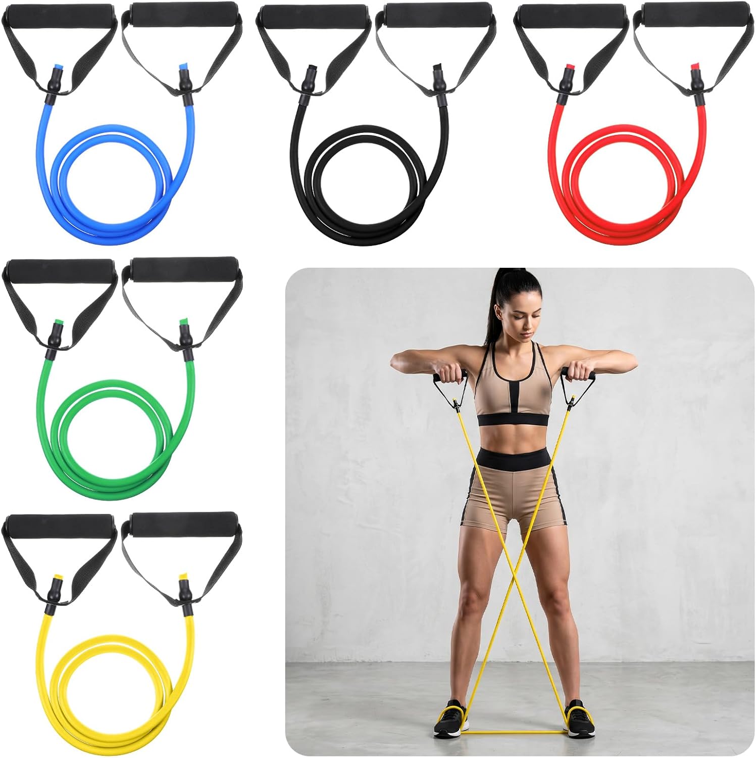 5 Pcs Exercise Resistance Bands Set with Handles & Door Anchor 5-Level Tube Resistance Bands for Strength Training Muscle Toning Home Workouts for Men and Women