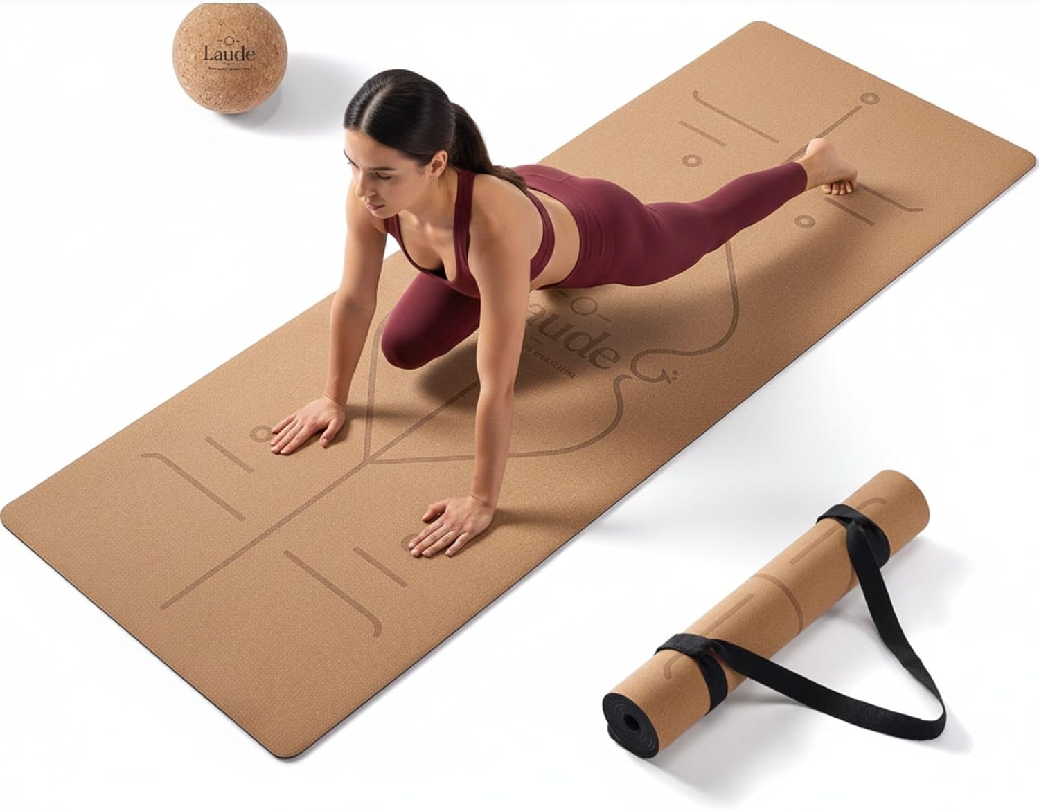 Laude Cork Yoga Mat + Ball Set – Sustainable Non Slip Yoga Mat with Strap – Thick Yoga Mat, Pilates Mat Thick & Workout Mat – Eco-Friendly Cork & Rubber Mat with Alignment Lines, Superior Grip, Sweat-Resistant & Durable 72″x26″