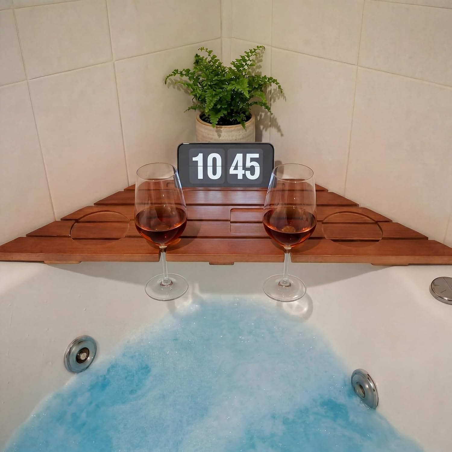 Junkin Corner Bathtub Tray Bamboo Non Slip Bathtub Corner Tray Caddy Farmhouse Bamboo Shelf for New Home House Warming Birthday Wedding Gifts for Couple Bridal Shower Gift for Women