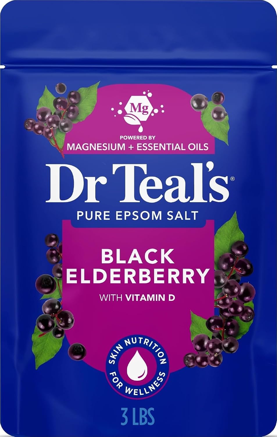 Dr Teal’s Epsom Salt Magnesium Soak, Black Elderberry with Vitamin D, 3 lbs