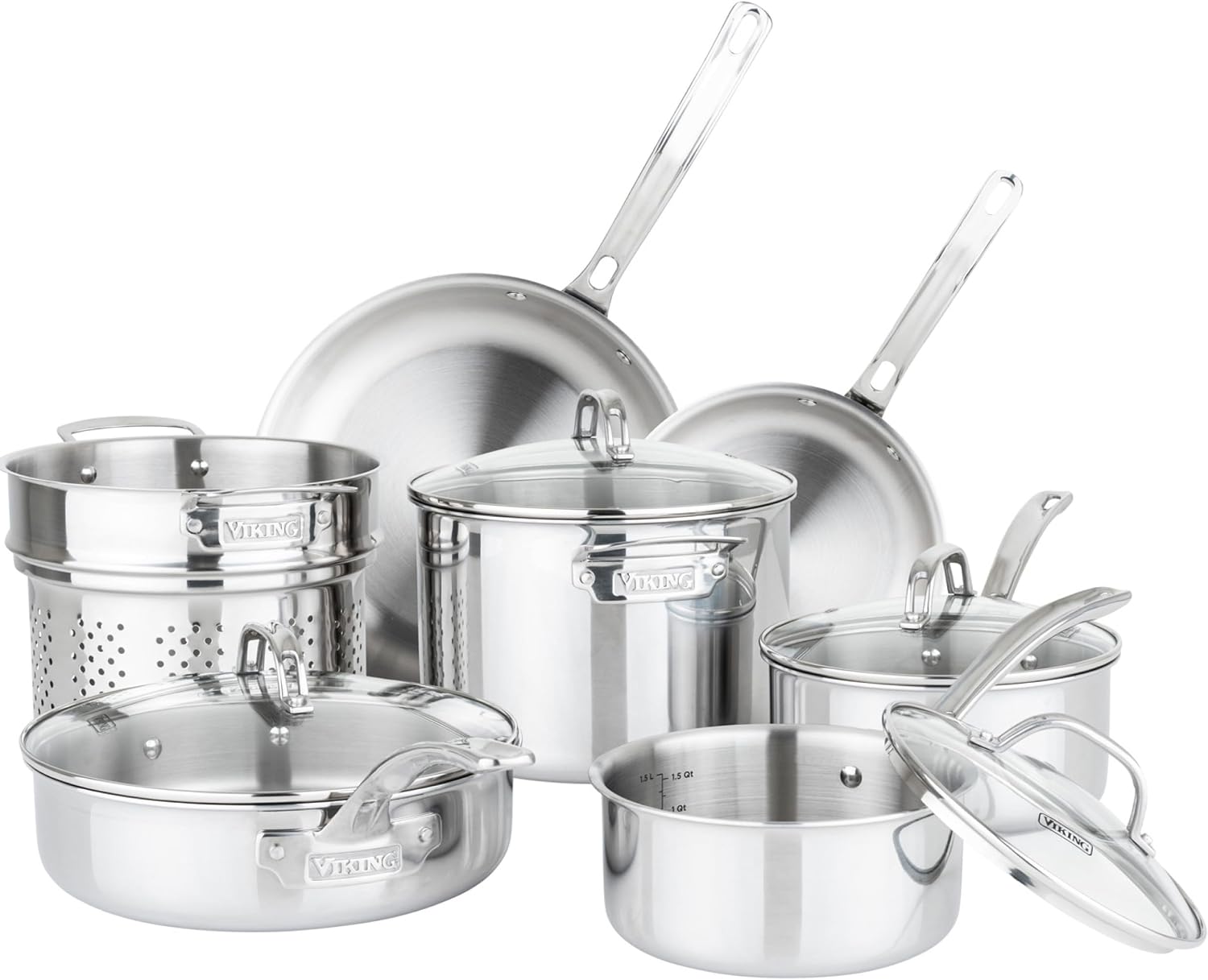 Viking Artisan 3-Ply Stainless Steel 11-Piece Cookware Set with Vented Glass Lids, Fry Pans, Saucepans, Saute Pan, Stock Pot with Strainer Insert, Oven Safe up to 600F