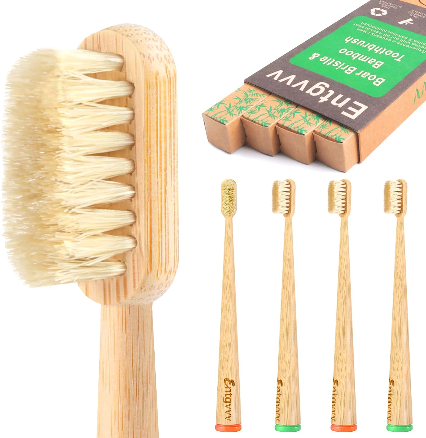 Boar Bristle Toothbrush, Non Plastic Bamboo Toothbrushes, 4 Pack | Plastic Free Tooth Brush, Non Toxic Natural Bristle Toothbrush, Wooden Manual Organic Toothbrush for Adults, Medium, BPA Free