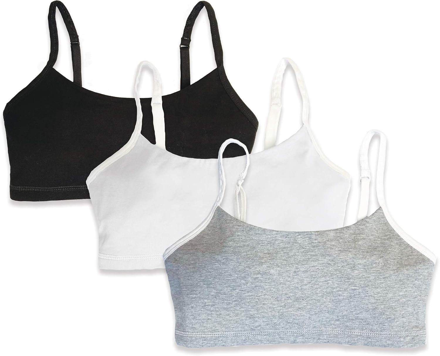 Mightly Girls’ Bralette | Organic Cotton, Cami Crop Training Bra w/Adjustable Straps, Dance&Sport Set for Kids & Teens,3-Pack