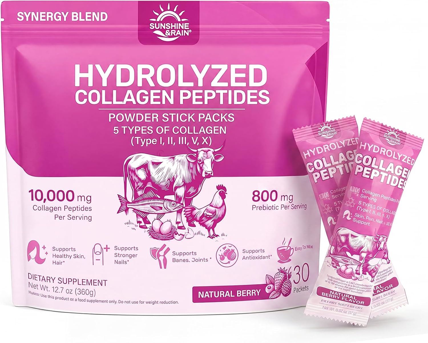 Multi Collagen Peptides Powder Women, 10g Hydrolyzed Collagen, Berry Flavor