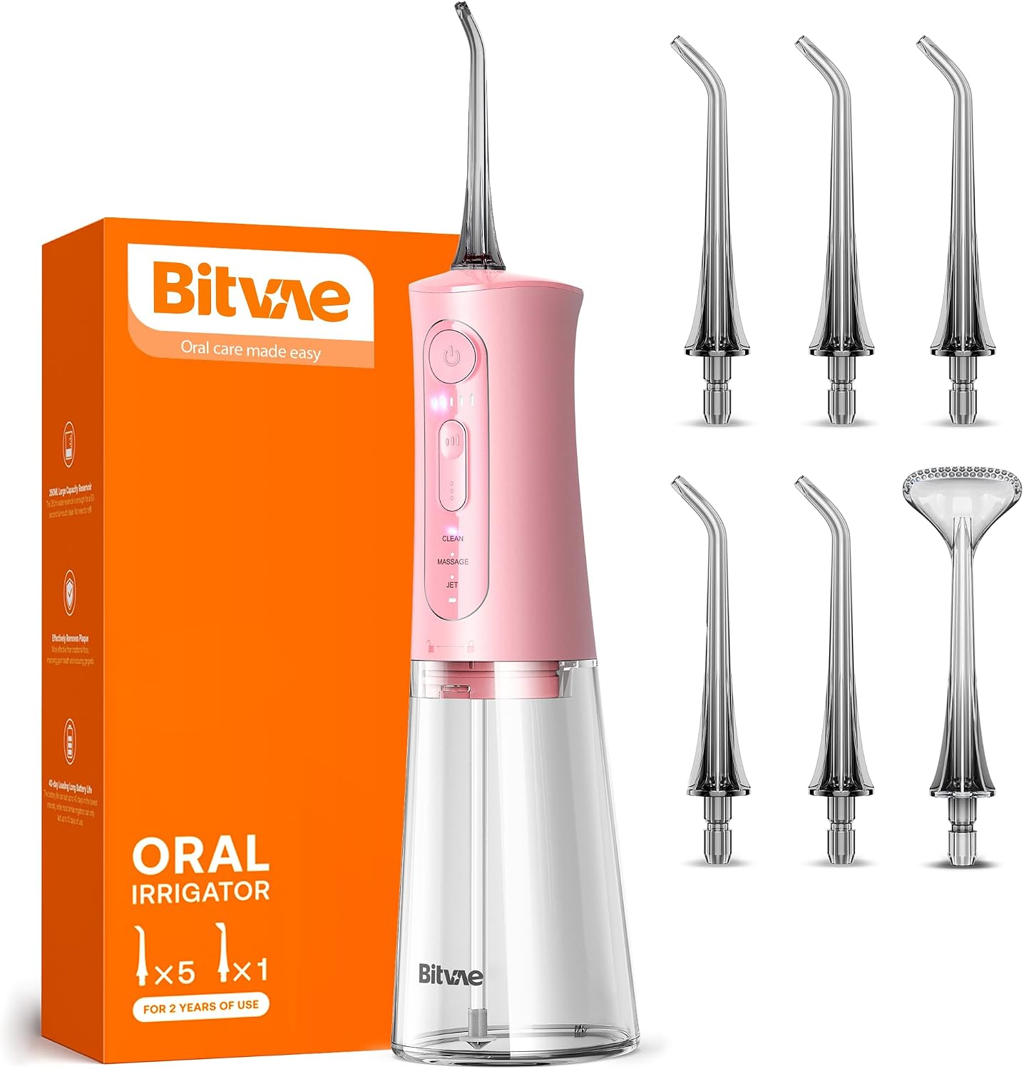 Bitvae Water Dental Flosser Teeth Picks, Cordless Portable Oral Irrigator, Powerful and Rechargeable Oral Irrigator, Brace Care, IPX7 Waterproof Water Dental Picks for Cleaning, Quartz Pink