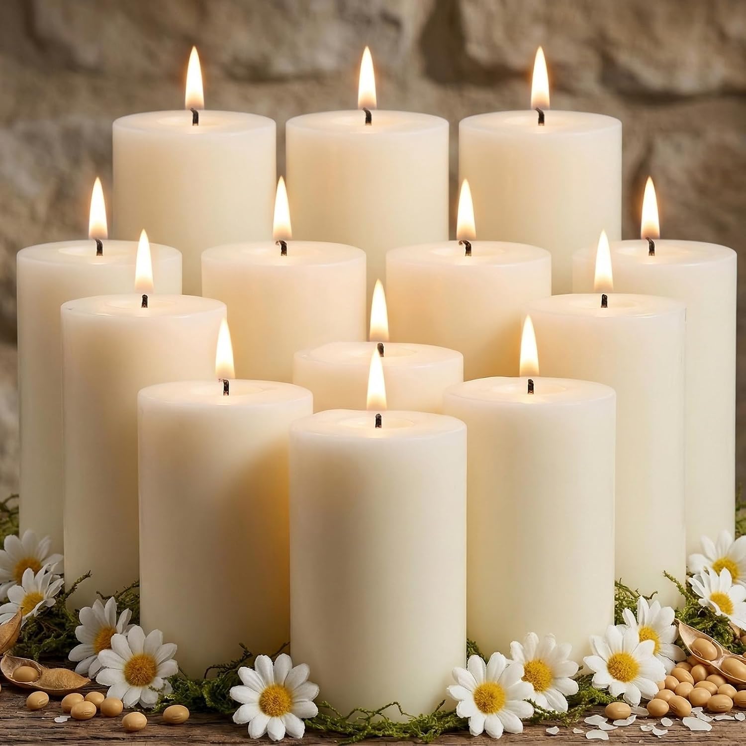 Creamy White Soy Pillar Candles,Unscented,Non-Toxic Candle,2×3 in,12 Pack