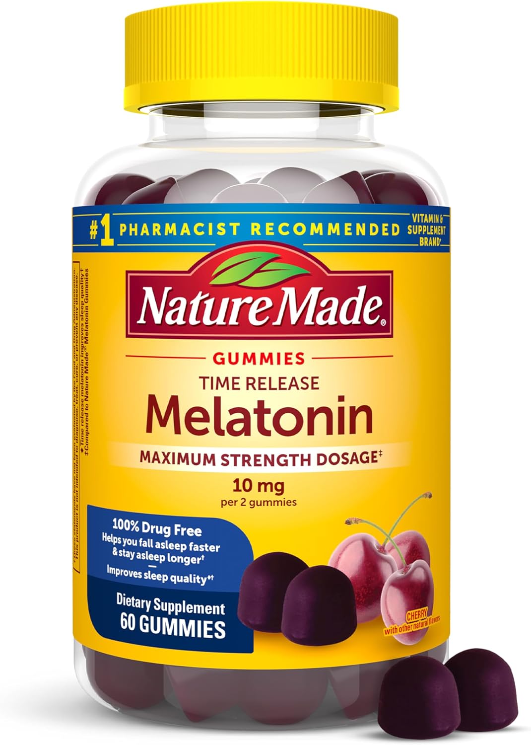 Nature Made Time Release Melatonin Gummies 10mg per Serving, 60 Gummies | Maximum Strength Dosage Sleep Aid for Adults, 100% Drug Free, Time Release Melatonin Improves Sleep Quality, 30 Day Supply