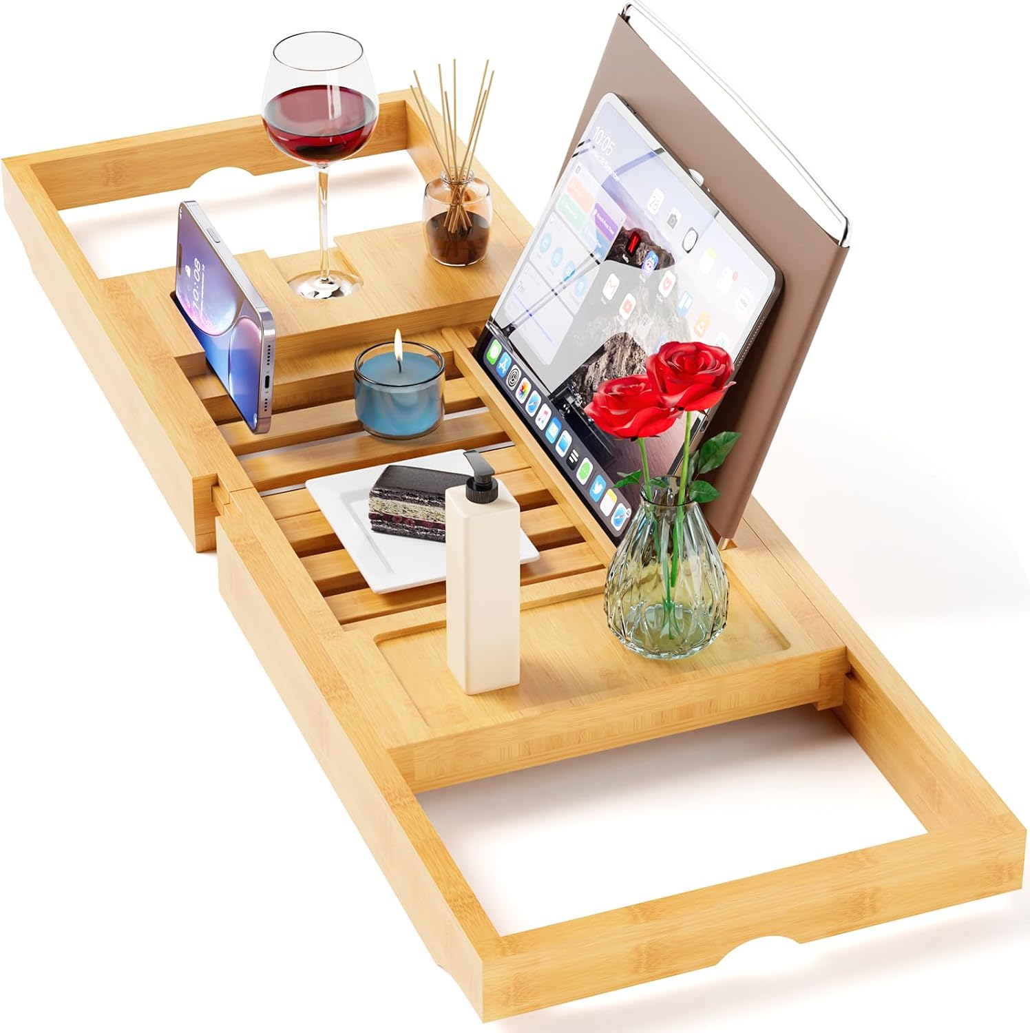 Premium Bathtub Tray Caddy, Expandable Bath Tray, Unique House Warming Gifts,Bamboo-New