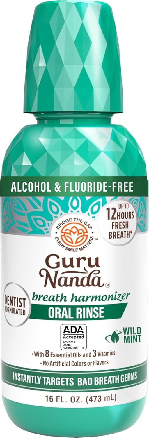 GuruNanda Oral Rinse Fresh Breath Mouthwash, ADA-Accepted Alcohol-Free Mouthwash, 7 Essential Oils & Vitamins, SLS & Flouride-Free, Wild Mint, 16 Oz