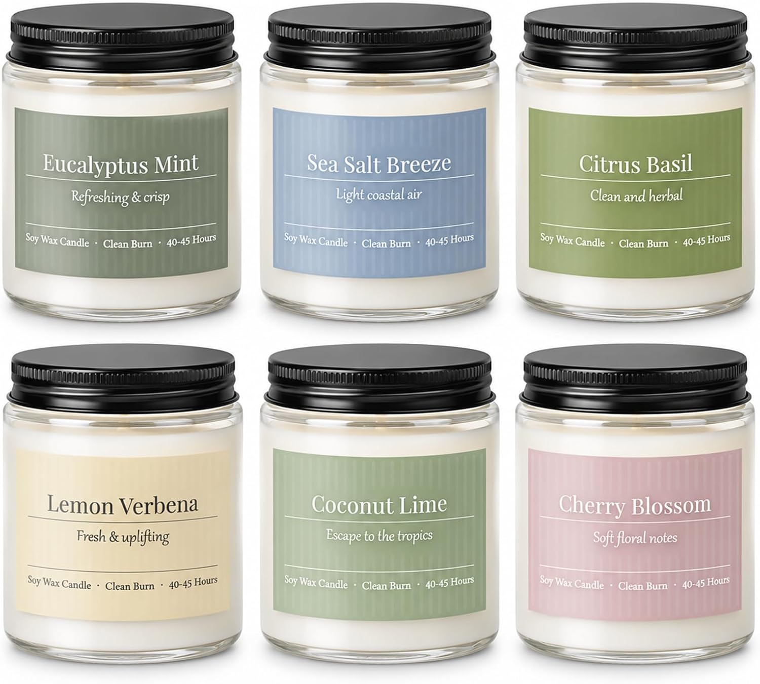 Scented Candles Gift Set,6 Pack Spring Summer Soy Wax Aromatherapy Candles | Lemon Verbena,Coconut Lime,Sea Salt Breeze, Citrus Basil, Eucalyptus Mint & Cherry Blossom