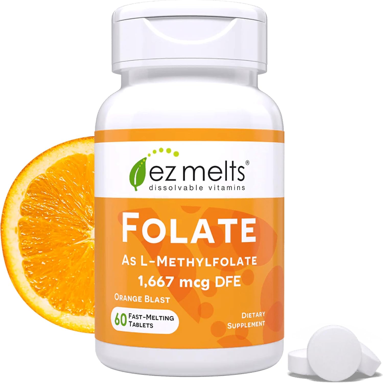 EZ Melts Dissolvable Folate 1,667 mcg DFE, 60 Tablets, Orange Blast
