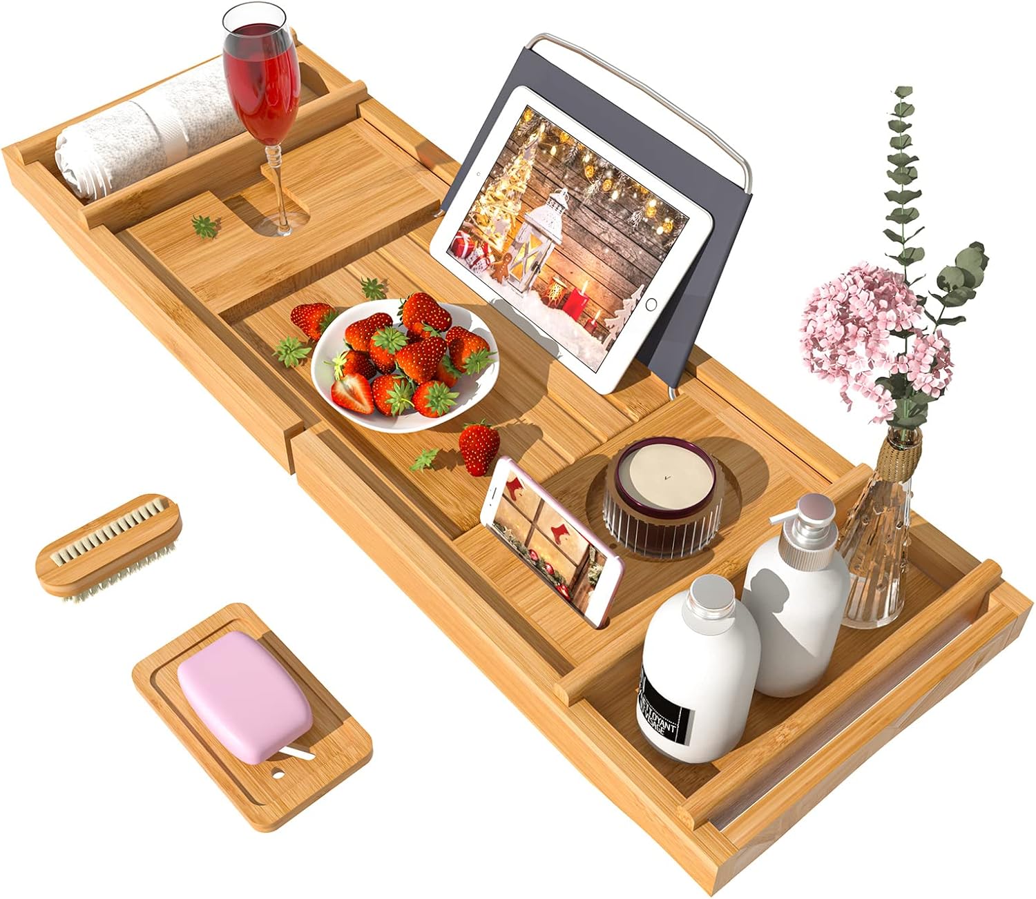 Bath Caddy Tray for Bathtub – Bamboo Adjustable Organizer Tray for Bathroom with Free Soap Dish Suitable for Luxury Spa or Reading
