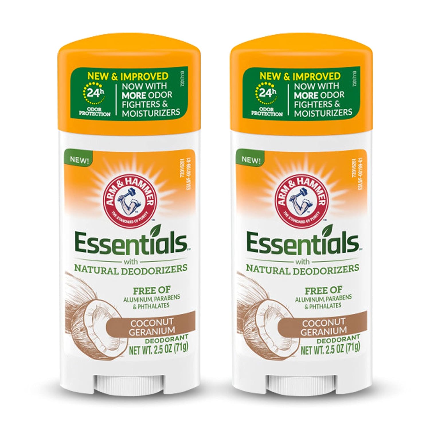 ARM & HAMMER Essentials Deodorant – Made with Natural Deodorizers – Coconut Geranium – Free From Aluminum, Parabens & Phthalates, 2.5 oz (Pack of 2)