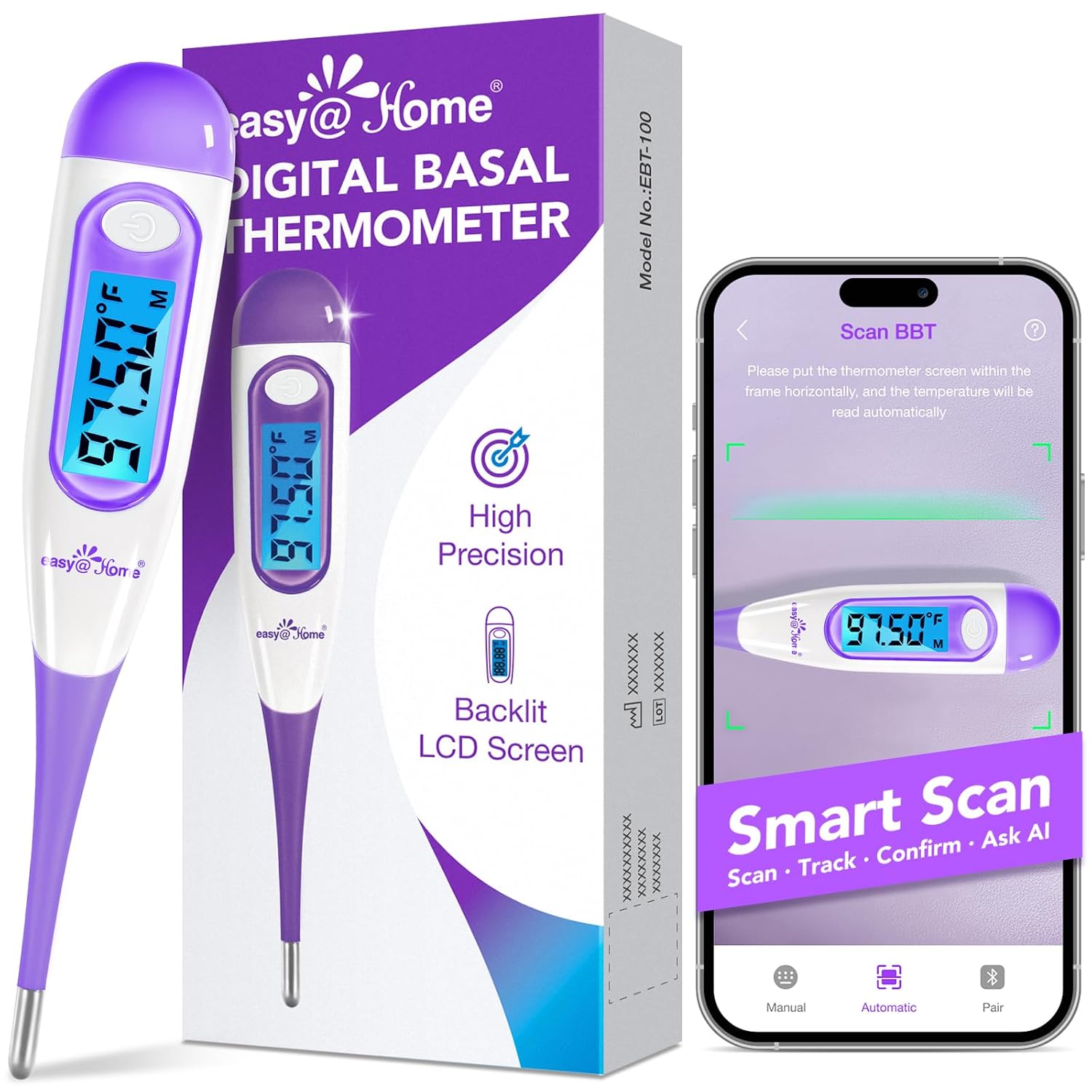 easy@Home Digital Basal Body Thermometer for Adults – Fertility Tracker | Precise 1/100th Degree Thermometer. Flexible Tip, Backlit LCD & 30 Memory. Auto Scan Premom App for Women