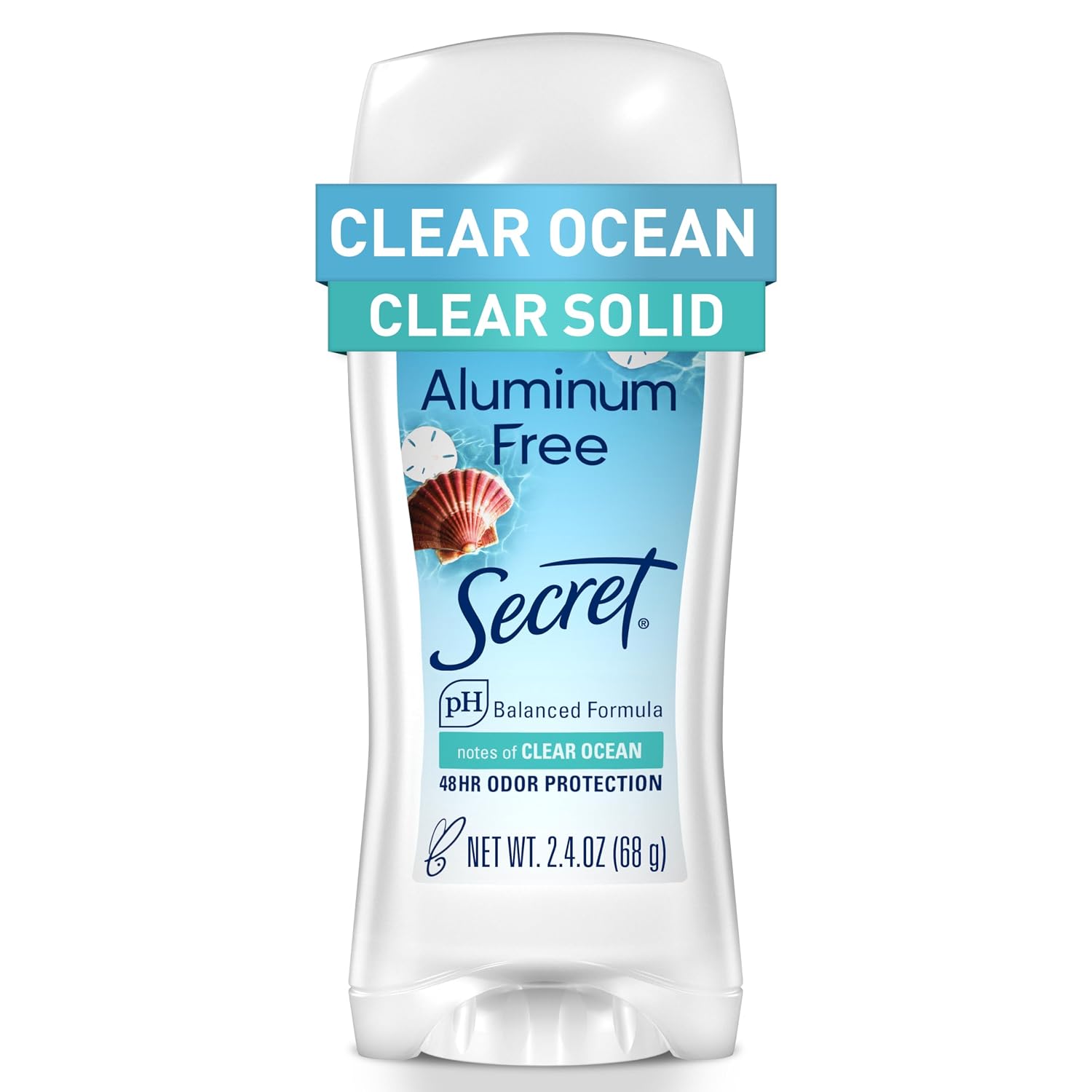 Secret Aluminum Free Deodorant for Women, 48hr Odor Protection, Free of Parabens Dyes Talc & Baking Soda, PH Balancing Minerals, Clear Solid, Clear Ocean Scent, 2.4 oz