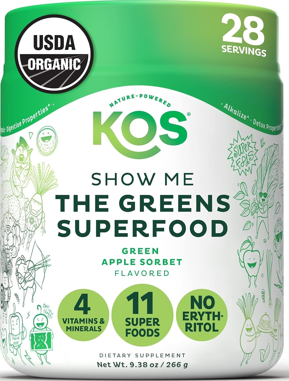 KOS Organic Super Greens Powder Erythritol Free – Plant Based Superfood Blend with Spirulina, Chlorella & Wheatgrass – USDA Certified Organic, Green Juice Smoothie – Apple Flavor – 28 Servings