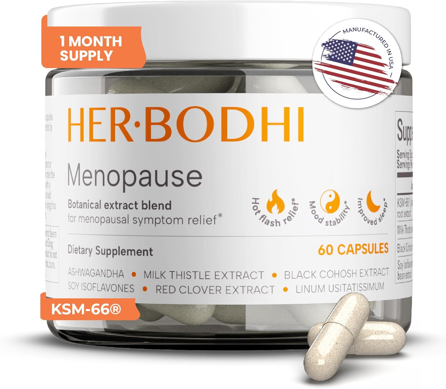 Her Bodhi Meno Menopause Supplement for Women, Hormone-Free, 60 Capsules | Soy Isoflavones, Black Cohosh & KSM-66 Ashwagandha to support comfort through hot flashes and night sweats; vegan