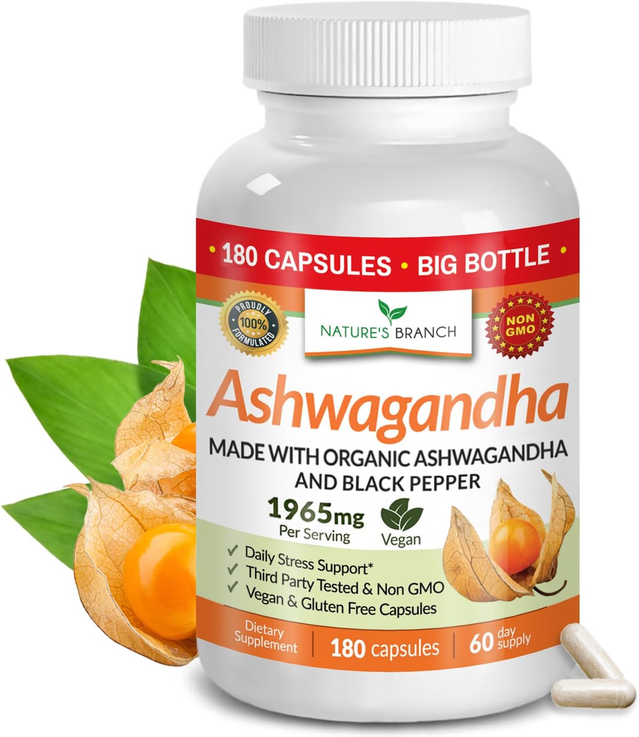 UDAF Certified Organic Ashwagandha with Black Pepper For Stress & Sleep | Extra Strength Ashwagandha for Mood, Hair & Thyroid – Vegan, Root Extract Powder Supplement For Men and Women | 180 Capsules