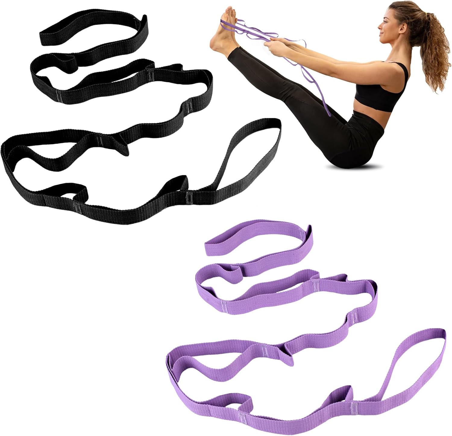 Guirnd 2 PCS Yoga Strap, Non-Elastic Stretching Strap for Women & Men, Stretch Bands for Exercise with 10 Loops for Pilates, Gymnastics, Dance, Exercise