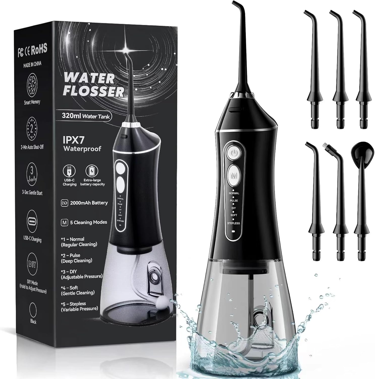 Cordless Water Flosser for Teeth with 6 Jet Tips, DIY 5 Modes 320ML Tank IPX7 Waterproof Portable Rechargeable Water flosser for Dental Hygiene Cordless for Home and Travel, Black