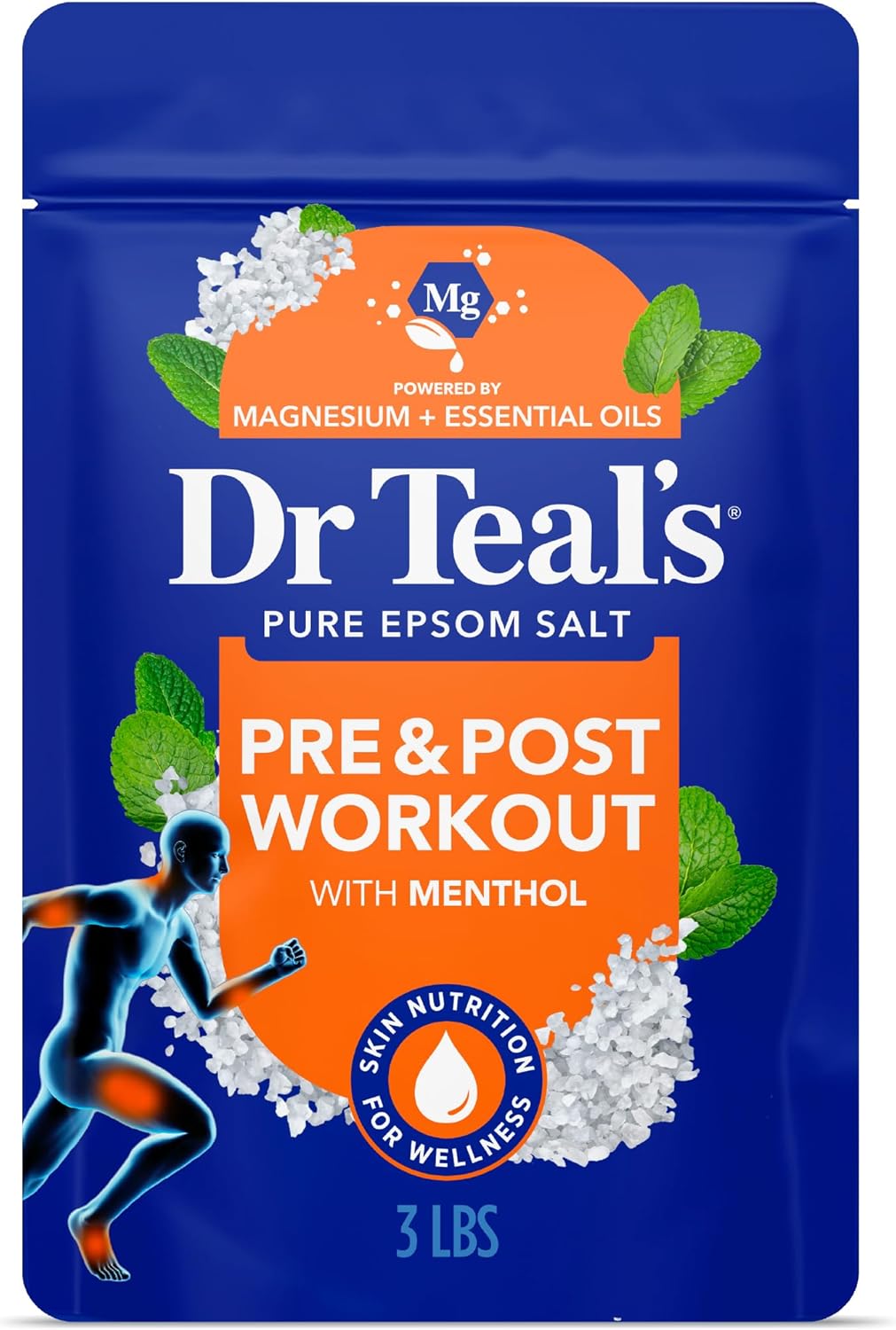 Dr Teal’s Epsom Salt Magnesium Soak, Pre & Post Workout with Menthol & Essential Oils, 3 lbs