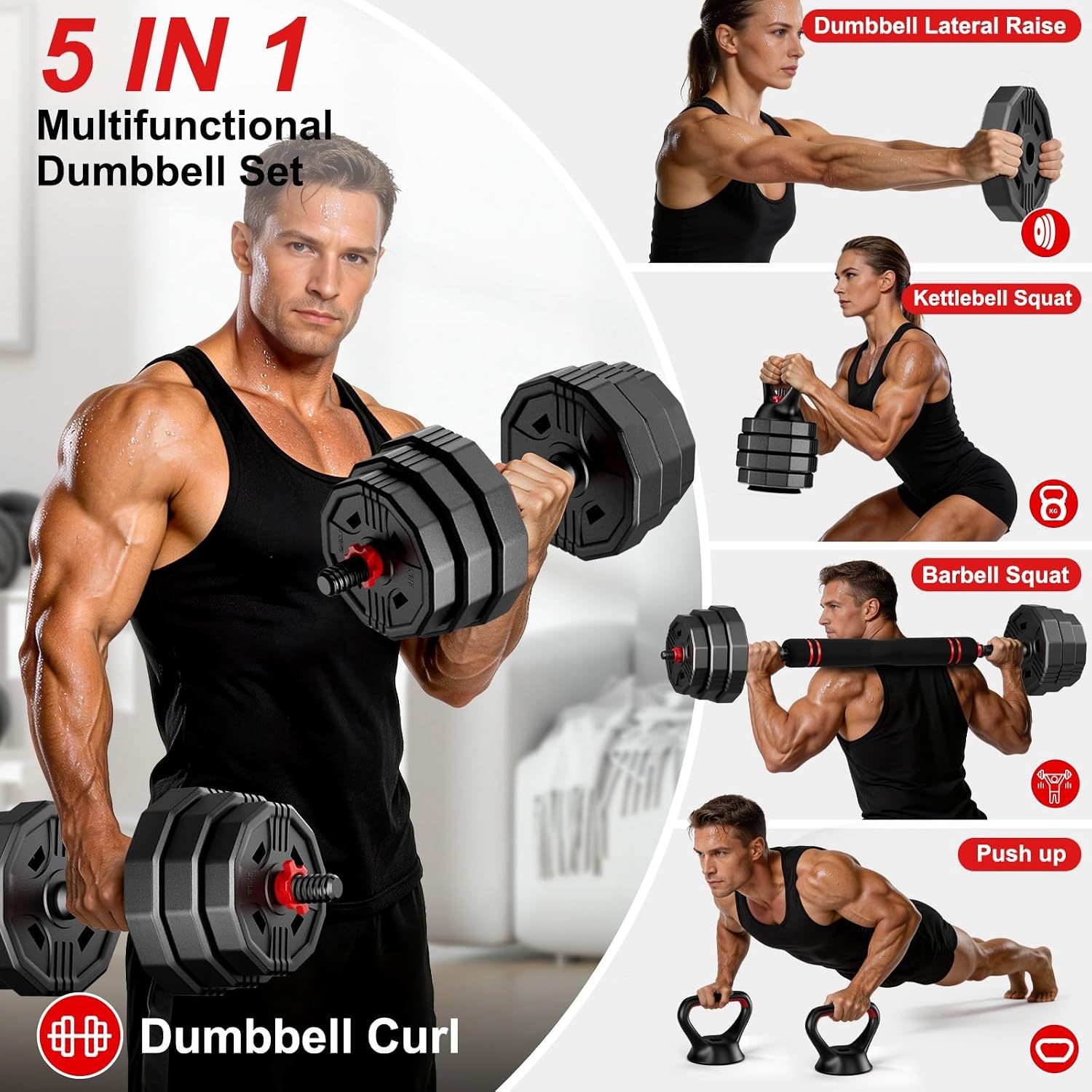 Adjustable dumbbell set,20/30/45/70/90lbs Free Weights Dumbbells Set 5in1 | Multi-Function Dumbbells Set Used as Barbell & Kettlebell,Push up Stand,Weight Plate Fitness for Home Gym Suitable Men/Women