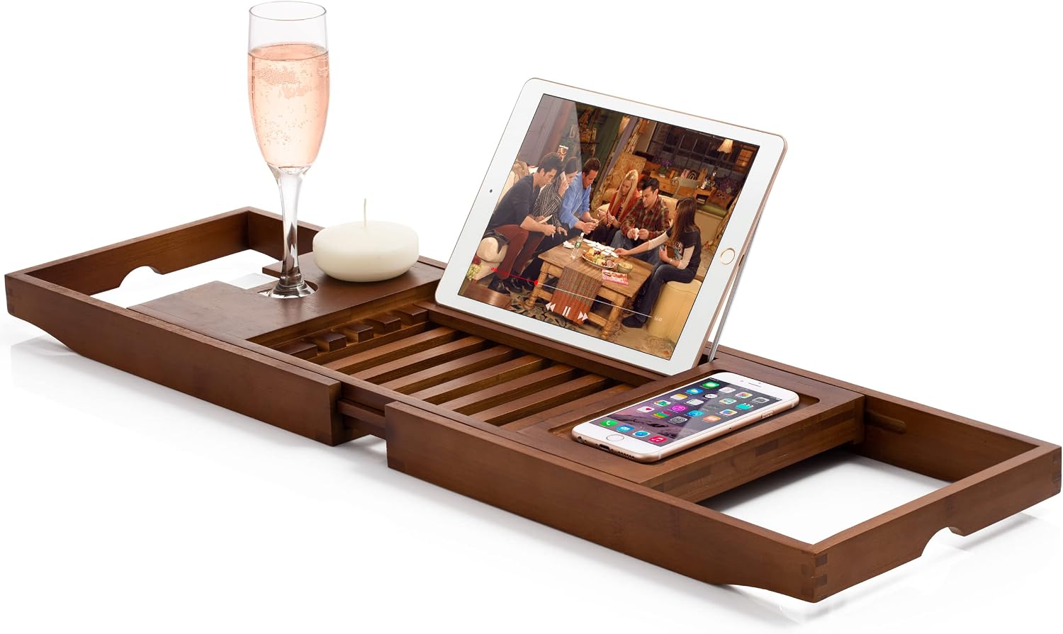 Bamboo Bathtub Caddy Tray – Expandable Waterproof Spa Bath Tray with Wine Glass Holder, Book/Tablet Stand, and Phone Slot – Non-Slip, Adjustable Handles for Most Tubs (Brown)