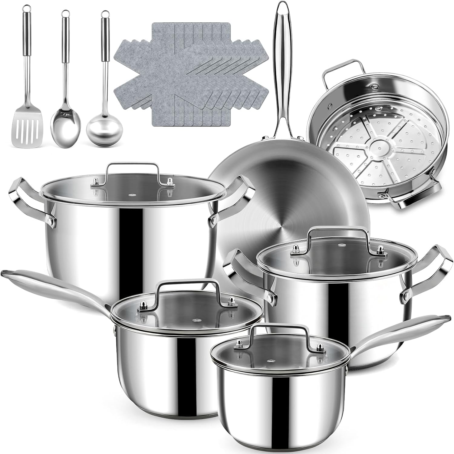 Stainless Steel Cookware Set – 20 PCS Pots and Pans Set with 3-Ply Stainless Steel Frying Pan, Professional Kitchen Cooking Set, Induction Compatible, Oven & Dishwasher Safe