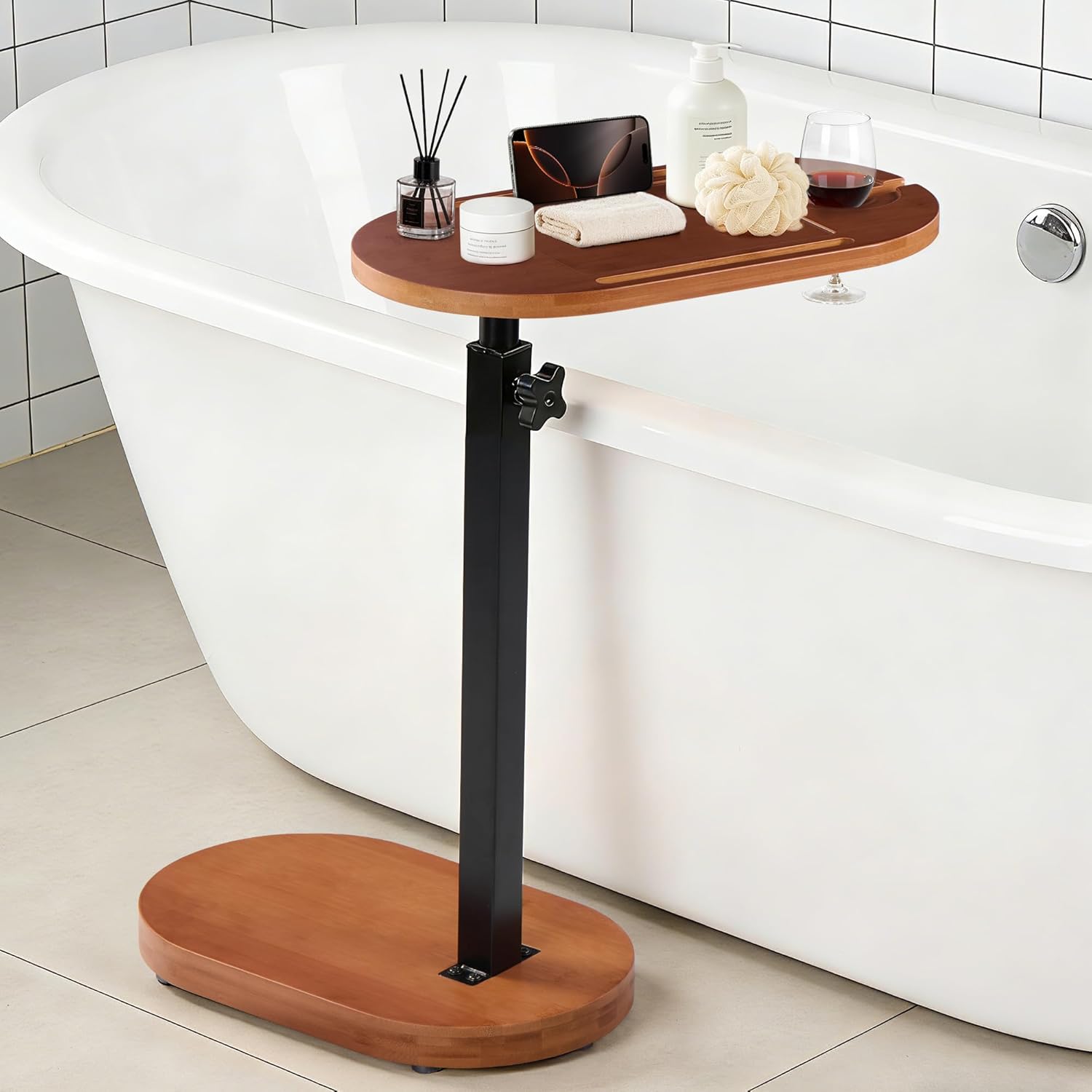 Bamboo Bathtub Side Table, Height Adjustable Bath Caddy Tray