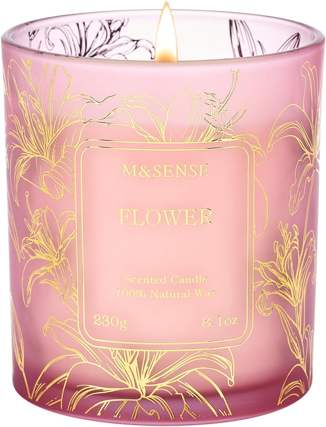 M&SENSE Floral Soy Candle, 8.1oz Gilded Glass, Romantic Stress Relief