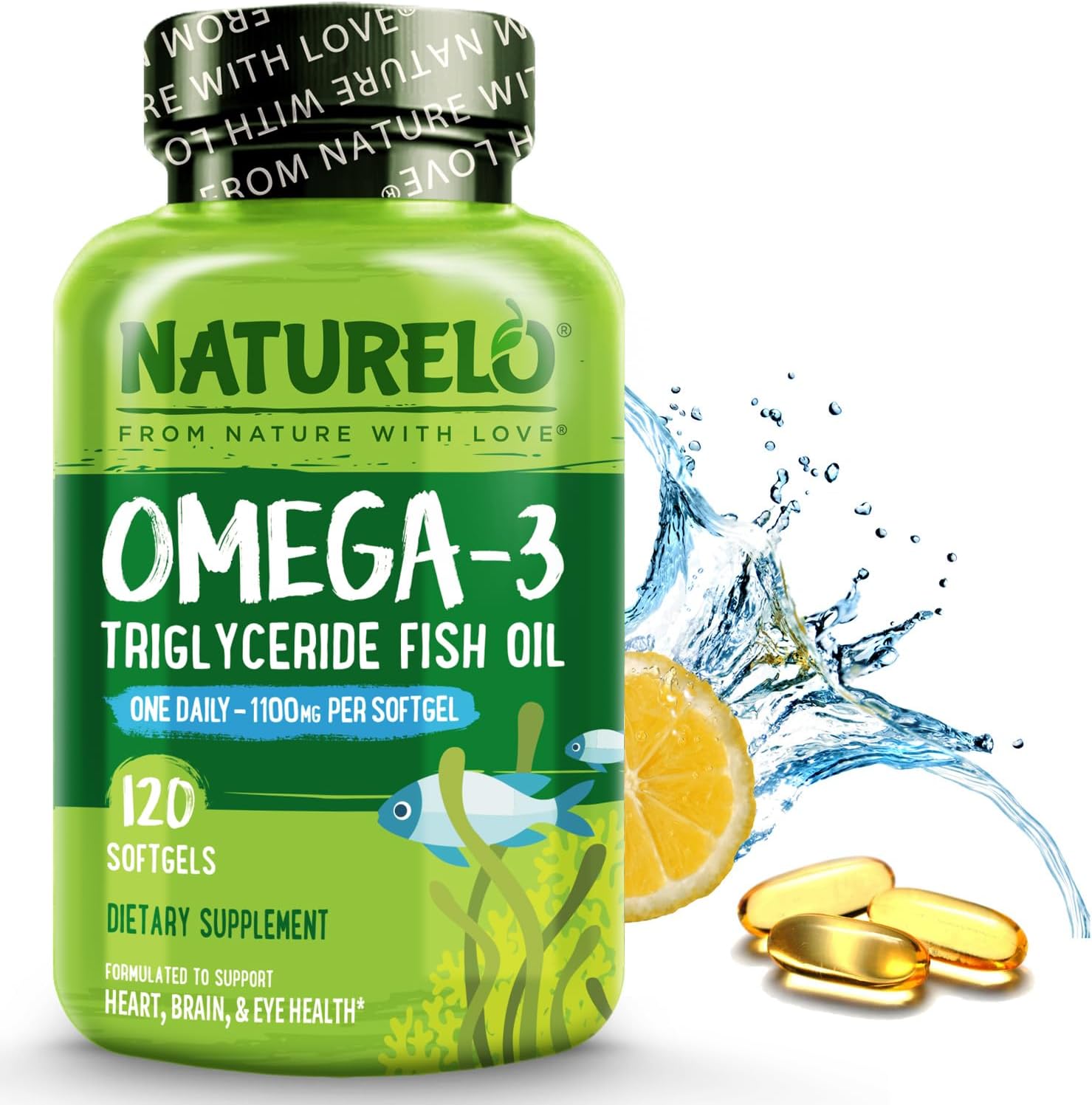 NATURELO Burpless Omega 3 Fish Oil Supplement, 1100mg, 120 Softgels
