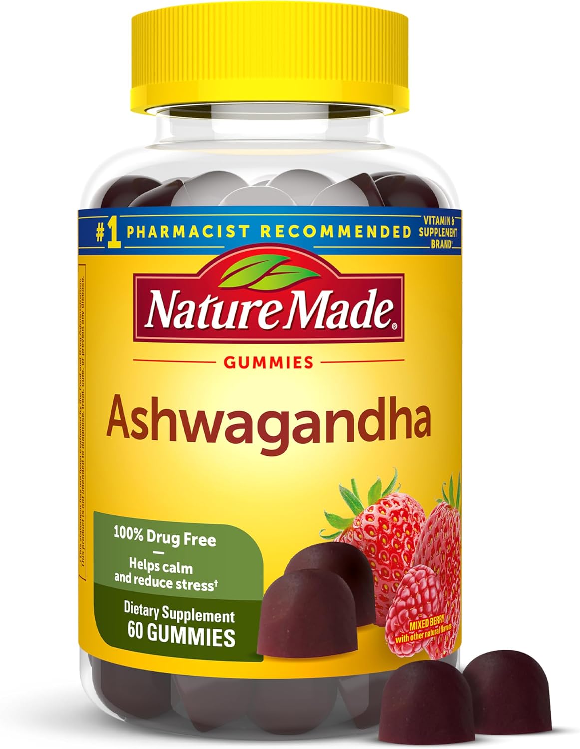 Nature Made Ashwagandha Gummies, 60 Vegan Gummies | KSM 66 Ashwagandha Supplement for Stress Support, 100% Drug Free, Gluten Free, Mixed Berry Flavor, 30 Day Supply