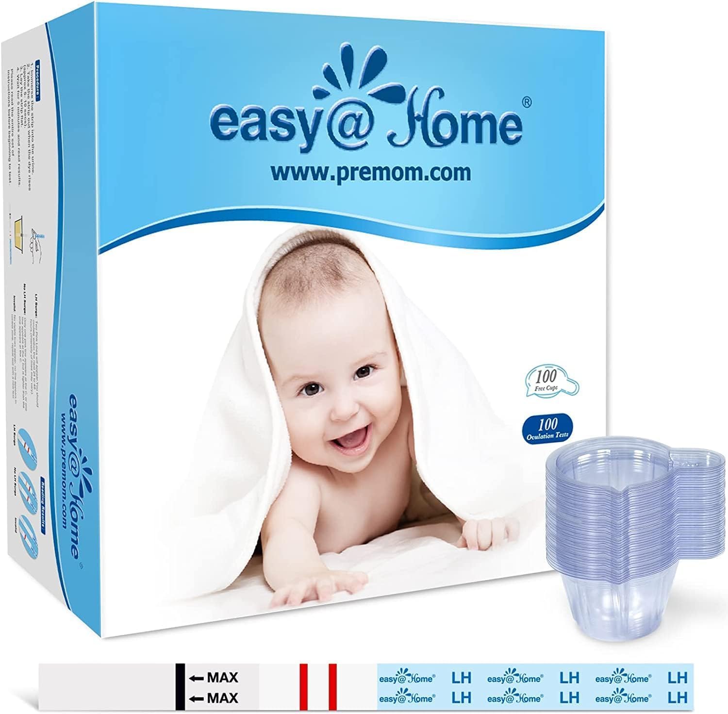 Easy@Home Ovulation Test Strips, 100 Pack Fertility Kit with 100 Urine Cups | FSA Eligible Ovulation Predictor Kit for Women, Use with the Premom App for Daily LH Testing and Cycle Tracking