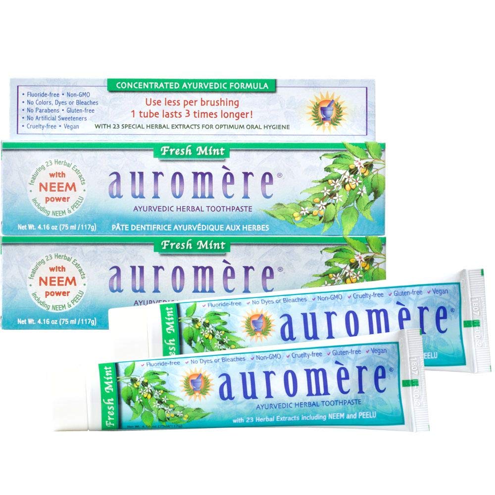 Auromere Ayurvedic Herbal Neem & Clove Toothpaste – Fresh Mint, 2 Pack | All Natural Fluoride Free Toothpaste for Adults & Kids, Suitable for Sensitive Teeth, SLS-Free, Non GMO, Vegan, Cruelty-Free