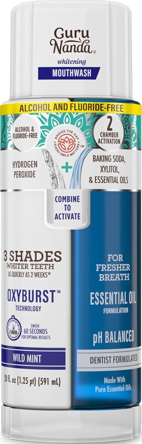 GuruNanda Teeth Whitening Dual Barrel Oxyburst Mouthwash – Alcohol & Fluoride Free, Hydrogen Peroxide to Promote Whiter Teeth – Wild Mint – 20 Fl Oz