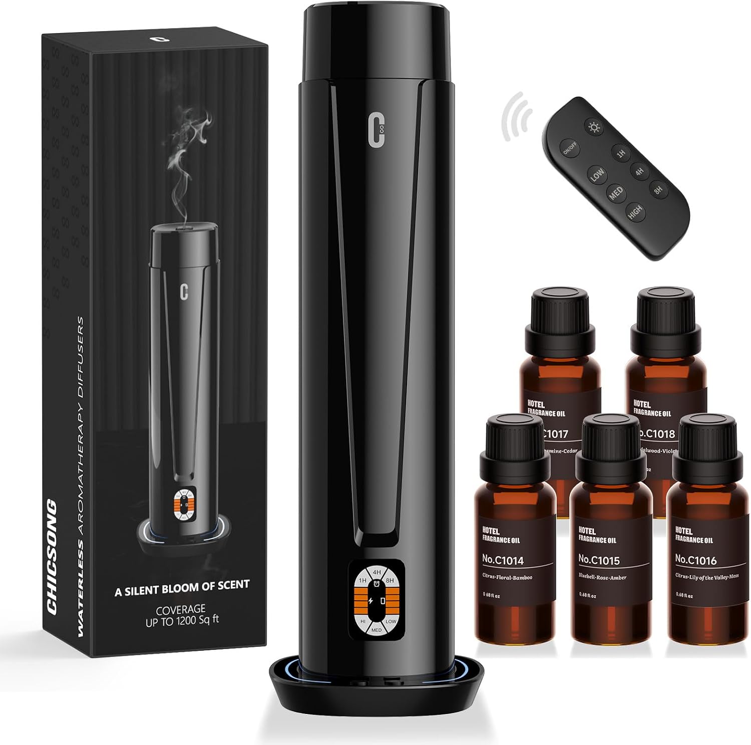 Waterless Scent Diffuser, Essential Oil Diffuser for Home, Office, Hotel | 1200 Sq Ft Coverage, Quiet Aromatherapy Diffuser with LED Light & Timer, Air Scent Diffuser Starter Kit