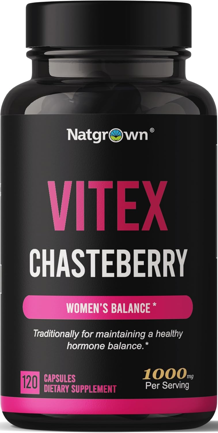 Natgrown Vitex Chasteberry Supplement for Women – Vitex Berry – 120 Ct | Agnus Castus Chaste Tree Berry Extract 1,000 mg, Hormone Balance & Fertility Support, Vegan Capsules
