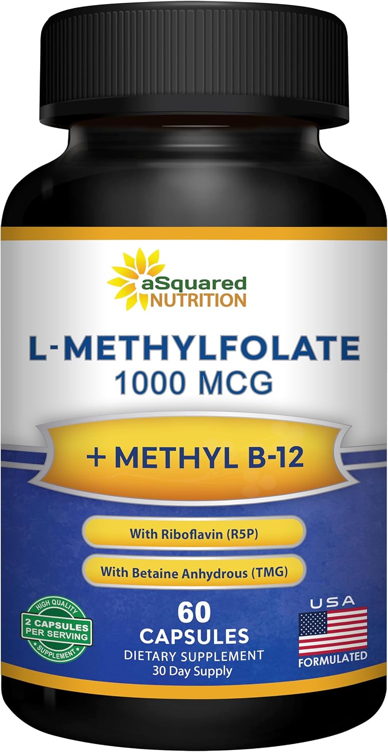 aSquared Nutrition L Methylfolate Plus Methyl B12 – Methylated Folate Supplement for Women & Men – 5-MTHF (Active Vitamin B9) 1000 mcg & B-12 1mg – B Complex – 60 Capsules