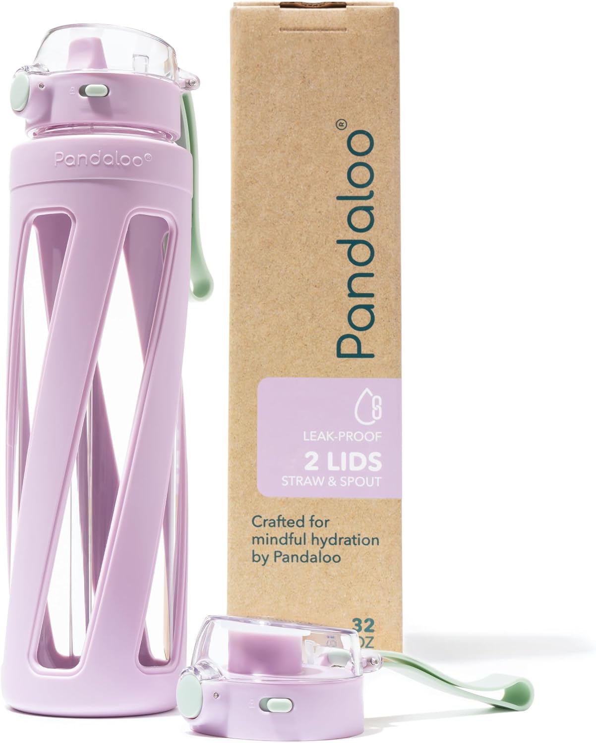 Pandaloo® Orbit 32 oz Glass Water Bottle with 2 Leak-Proof Lids (Straw & Spout), Wide Mouth, Borosilicate Glass, BPA-Free, Cup Holder Friendly for Gym, Work, Travel & Daily Hydration- Lilac Rhapsody