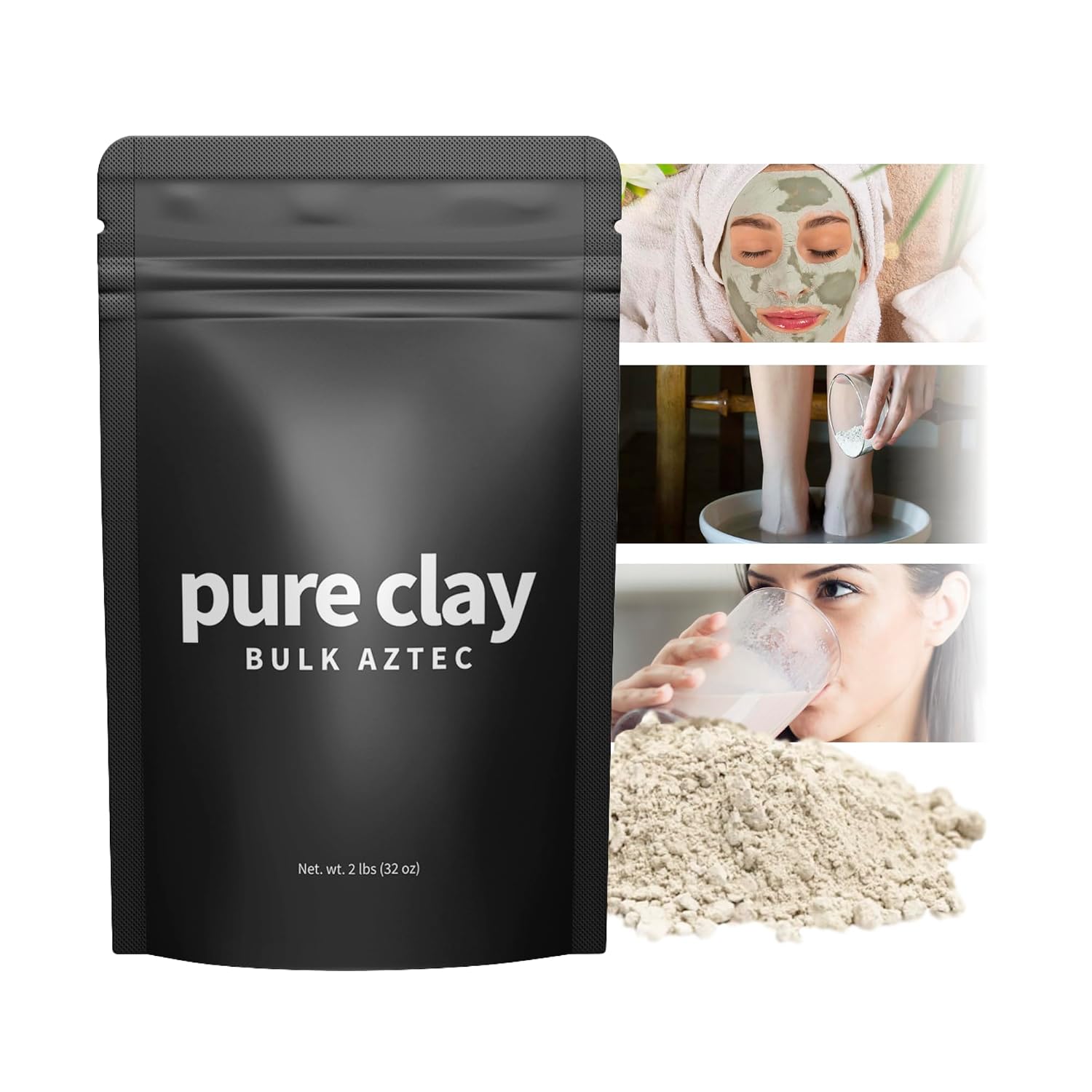 Pure Clay Bulk Aztec Organic Bentonite Clay Powder 2 lb Resealable Pouch Calcium Bentonite for Face Mask, Hair Mask, Body Wrap, Foot Bath, Bath Soak, Poultice, DIY Spa Skin Care Deep Pore Cleanse