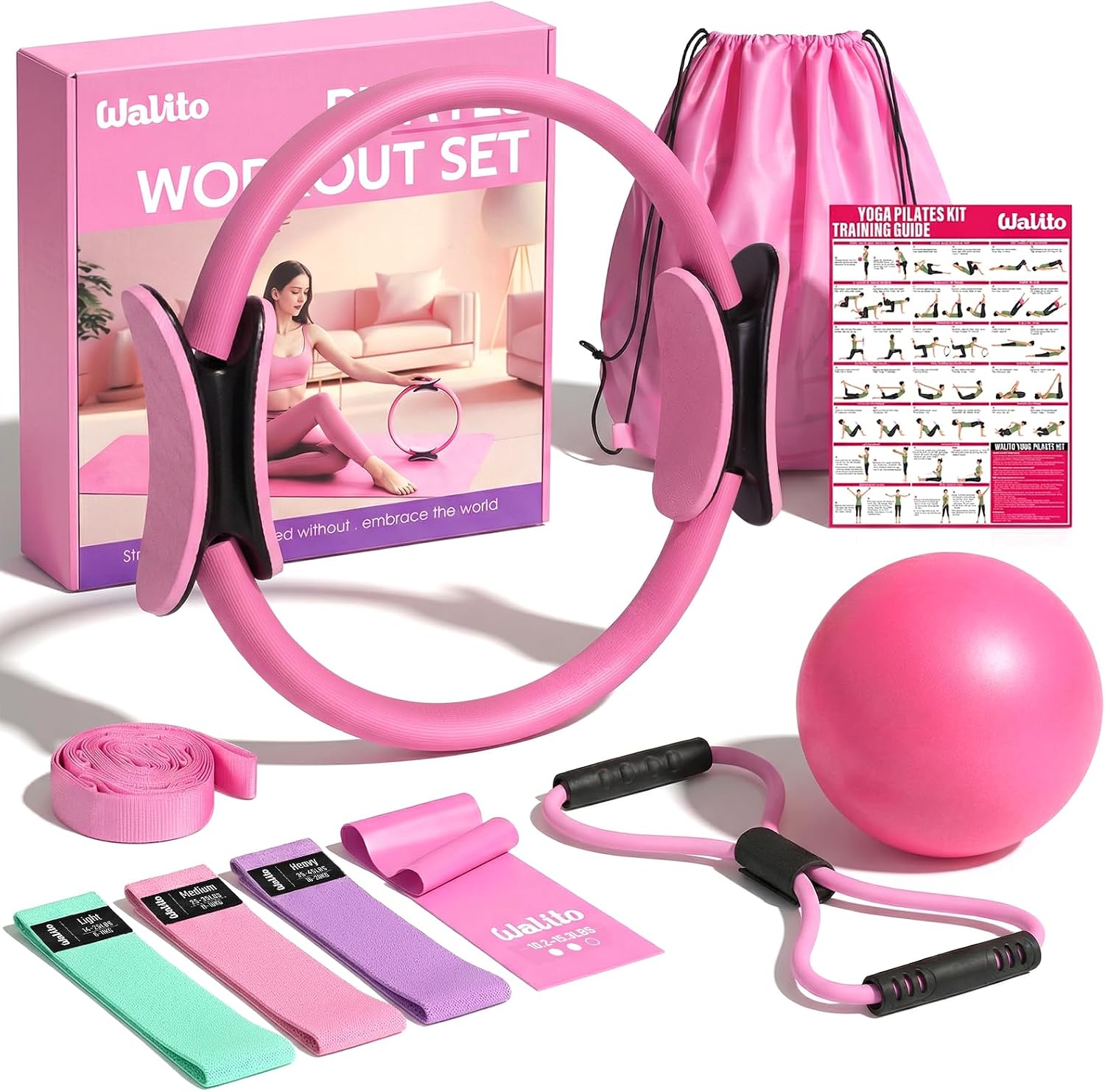 WALITO Home Pilates Kit for Women,Pilates Ring Set with Magic Circle,Resistance Bands,Figure 8 Workout Bands,Mini Ball, Compact Toning Fitness Essentials Starter Set Accessories Gift