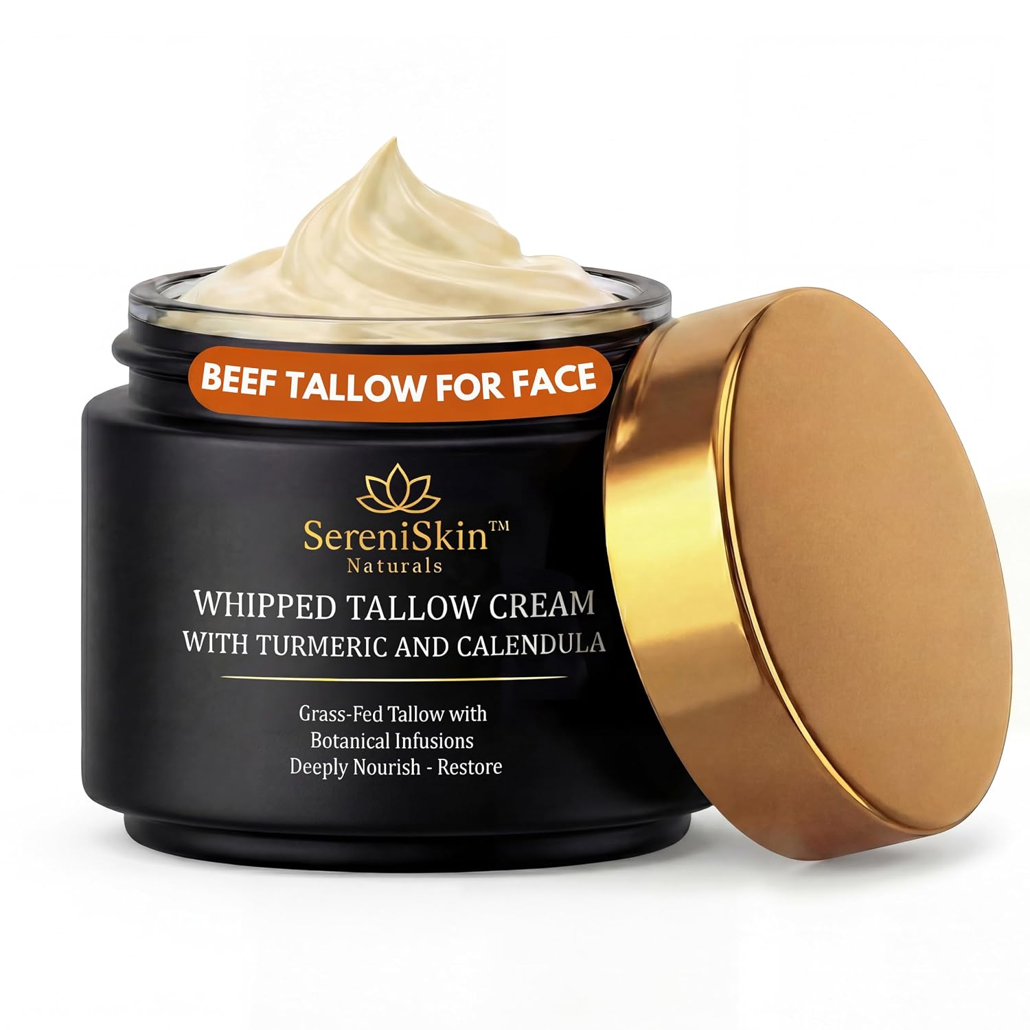 SereniSkin Grass-Fed Beef Tallow for Face & Skin – Deep, Long-Lasting Hydration & Skin Barrier – Whipped Organic Face Moisturizer & Body Cream for Dry, Sensitive Skin – Non-Greasy, Fragrance-Free, 4oz