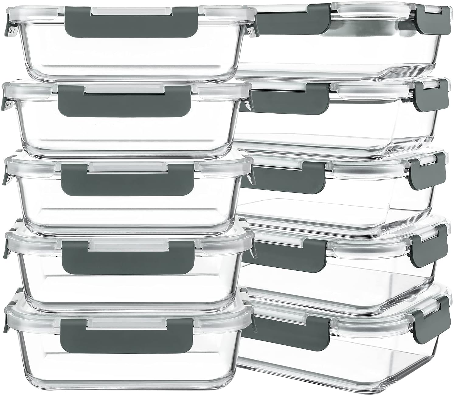 KOMUEE 10 Packs 30 oz Glass Meal Prep Containers with Lids | Glass Food Storage Containers with Lids, Airtight Lunch Bento Boxes, Microwave, Freezer and Dishwasher, Gray