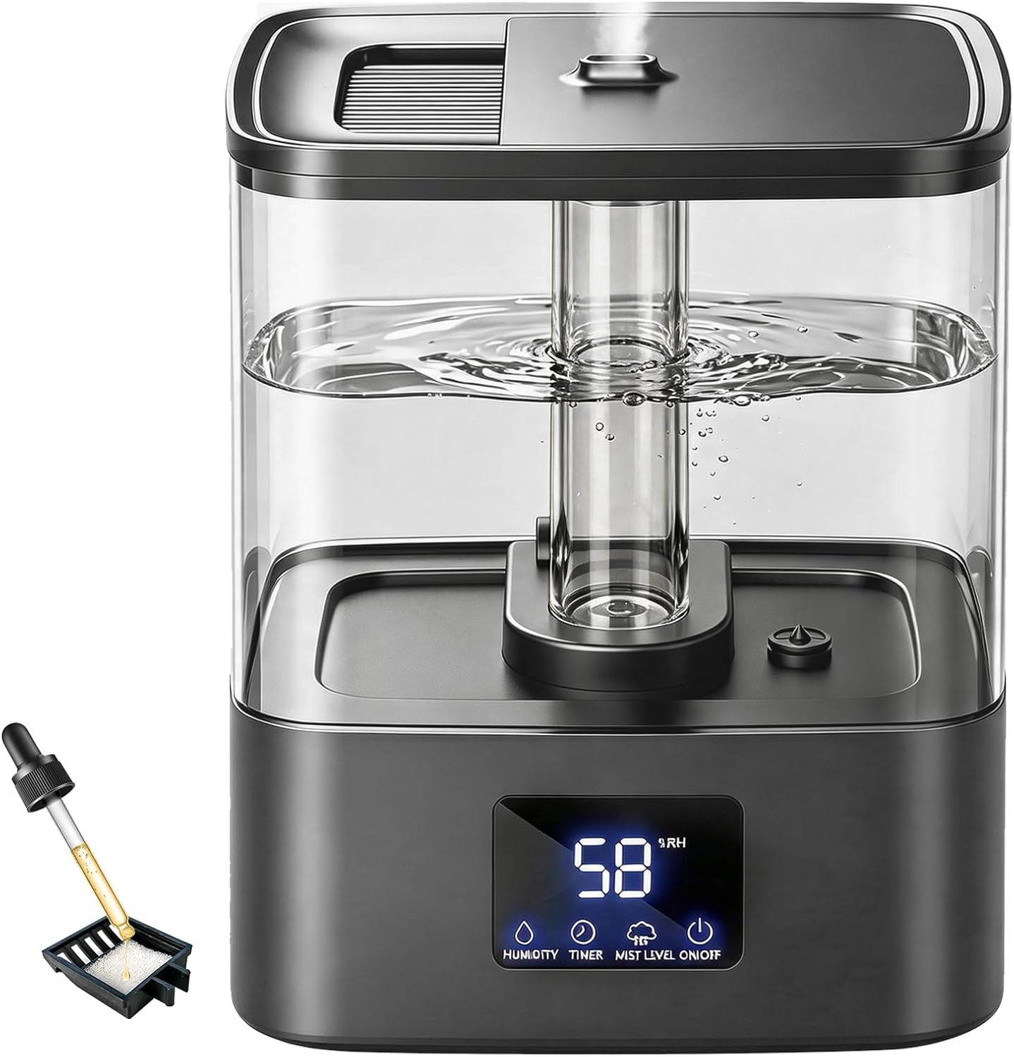 KZF 4L Top Fill Humidifiers for Bedroom & 40H Runtime – Cool Mist Humidifier, 3 Mist Levels, 8H Timer, Essential Oil Tray, Humidity Display, Quiet for Baby, Plants, Large Room (Black, 4, Liters)