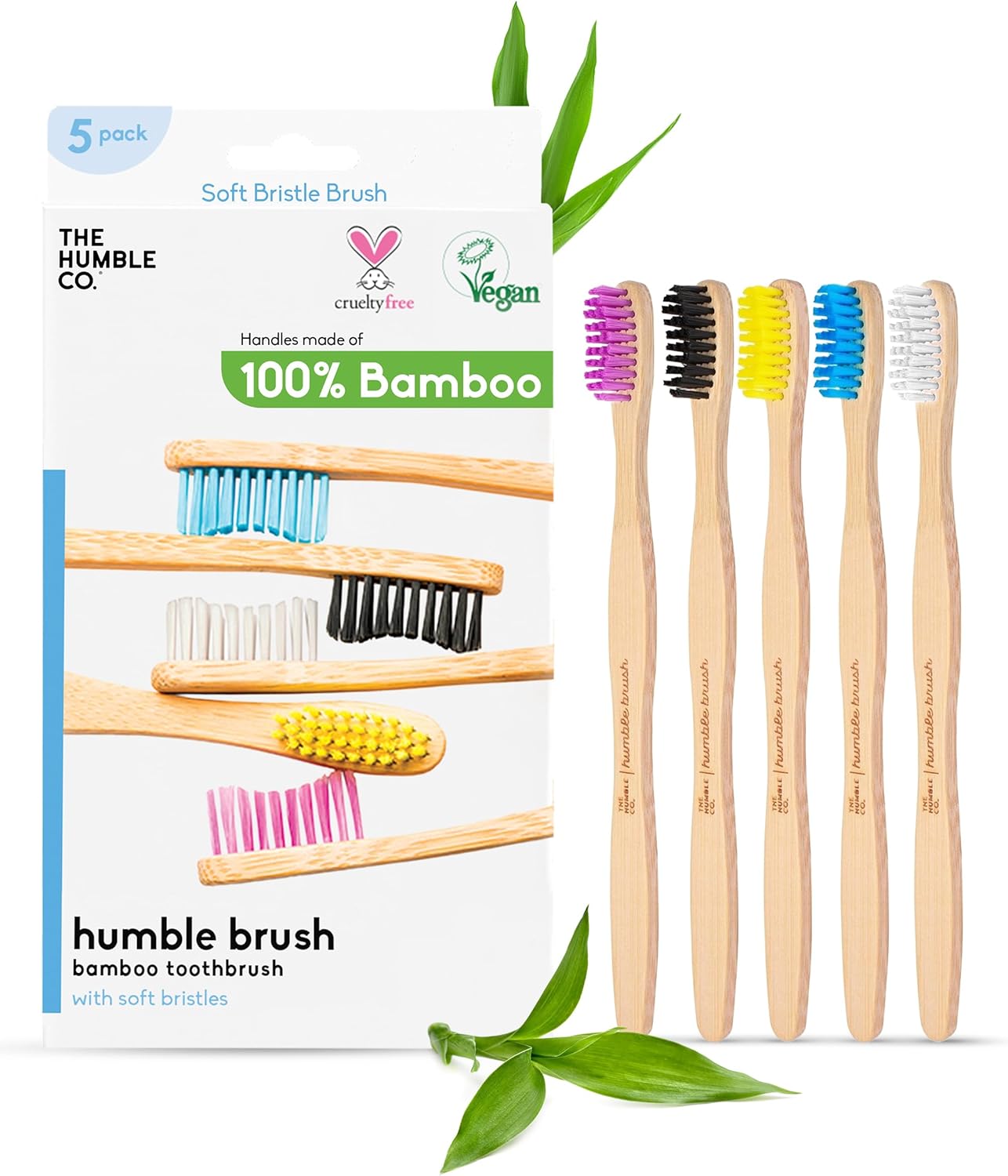 The Humble Co. Bamboo Toothbrushes, BPA Free, Soft Bristles (5 Pack) | Natural Sustainable Bamboo, Sensitive Gums, Non-Toxic, Dental Oral Care & Hygiene, Plastic-Free Handle, Men & Women