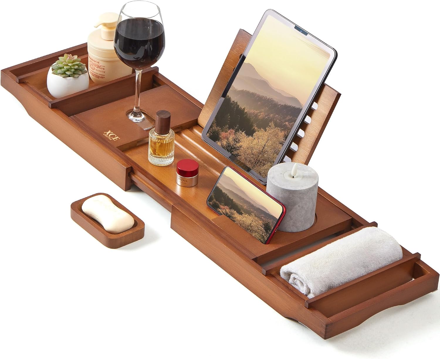 XcE Bamboo Bathtub Caddy Tray with Book Stand & Soap Holder, Brown