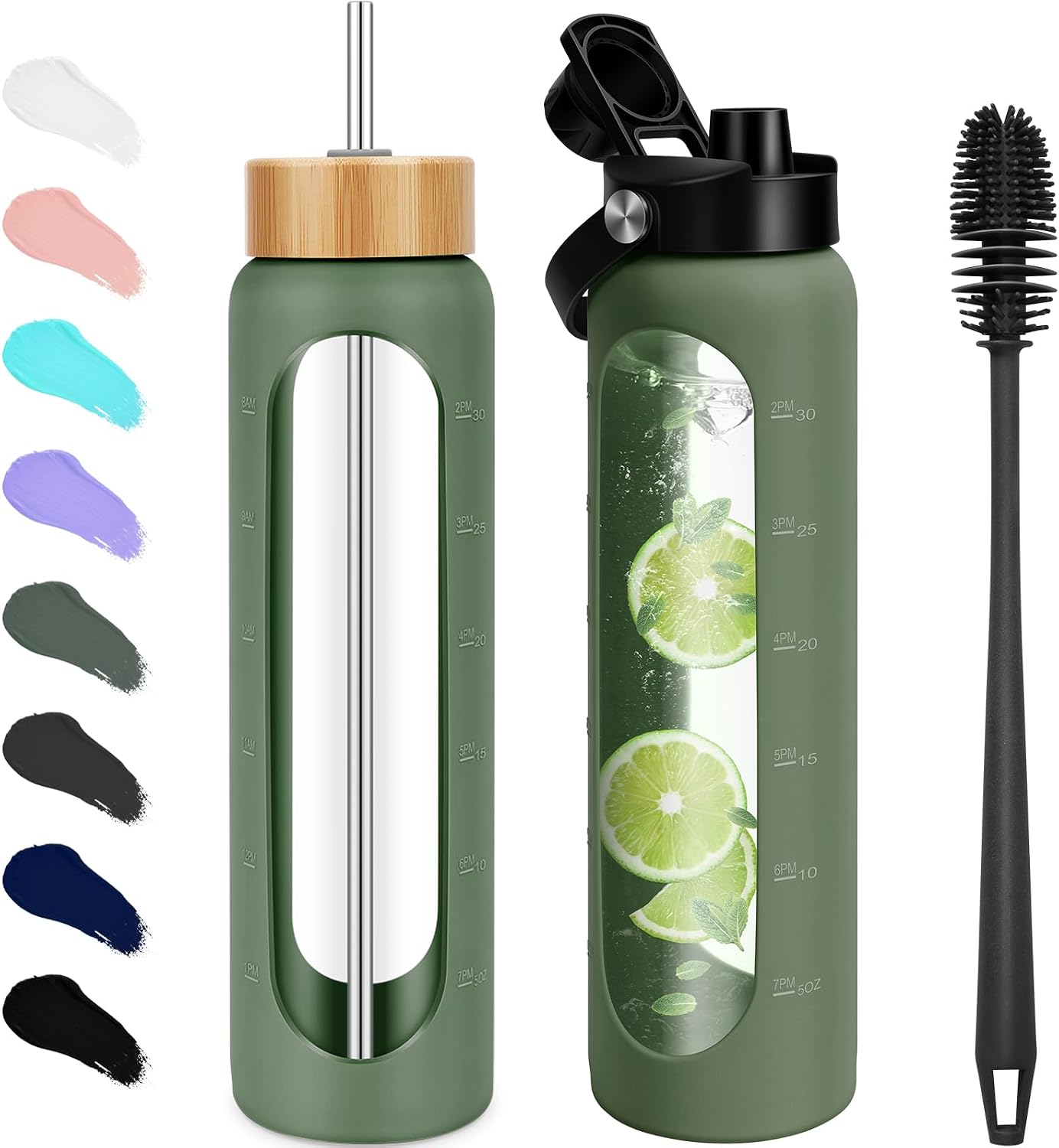 FULBEVY 32 oz Glass Water Bottles – 1 Liter Motivational Tumbler Water Bottle Time Marker – Borosilicate Glass Water Bottle With Silicone Sleeve and 2 Lids, Handle Spout & Bamboo Straw Lid (Olive)